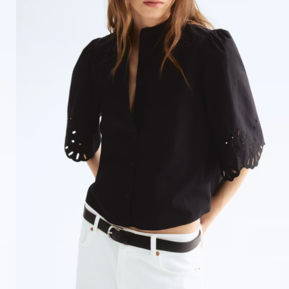 NWOT H&M BLACK COTTON BUTTON DOWN BLOUSE W/ EYELET SLEEVES - Picture 2 of 3
